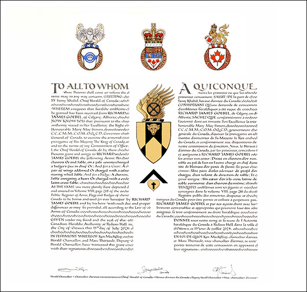Letters patent granting heraldic emblems to Richard James Goebel