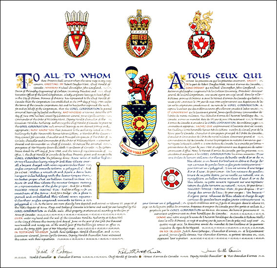 Letters patent granting heraldic emblems to the Corel Corporation