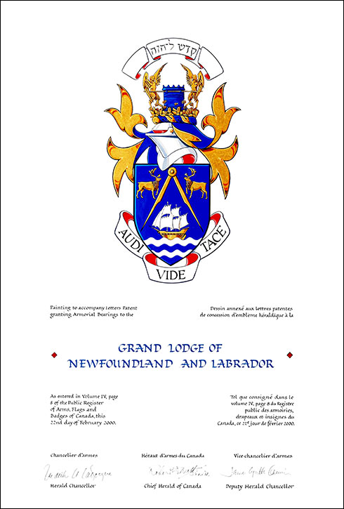 Letters patent granting heraldic emblems to the Grand Lodge of Newfoundland and Labrador