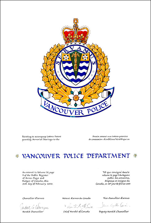 Lettres patentes concédant des emblèmes héraldiques au Vancouver Police Department