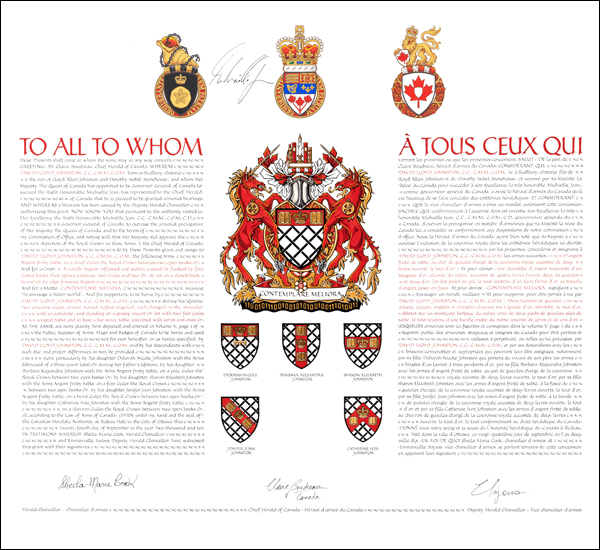 Letters patent granting heraldic emblems to David Lloyd Johnston