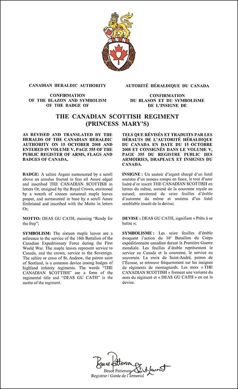 Lettres patentes confirmant le blasonnement de l'insigne de The Canadian Scottish Regiment (Princess Mary’s)