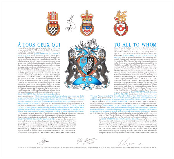 Letters patent granting heraldic emblems to Julie Payette