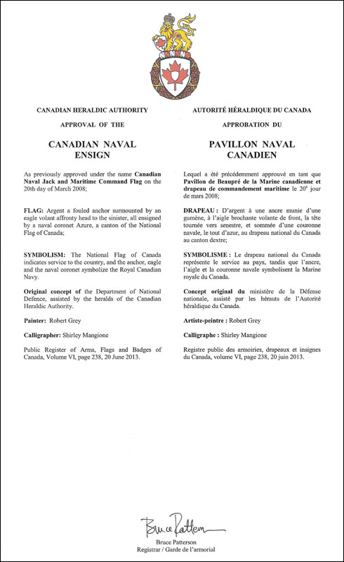 Letters patent approving the Flag of the Canadian Naval Ensign