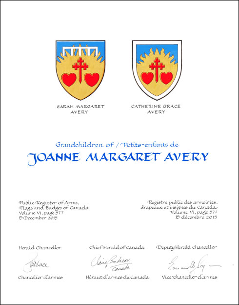 Lettres patentes concédant des emblèmes héraldiques à Joanne Margaret Avery