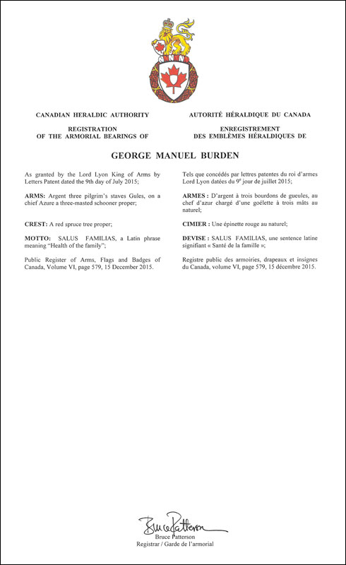 Lettres patentes enregistrant les emblèmes héraldiques de George Manuel Burden