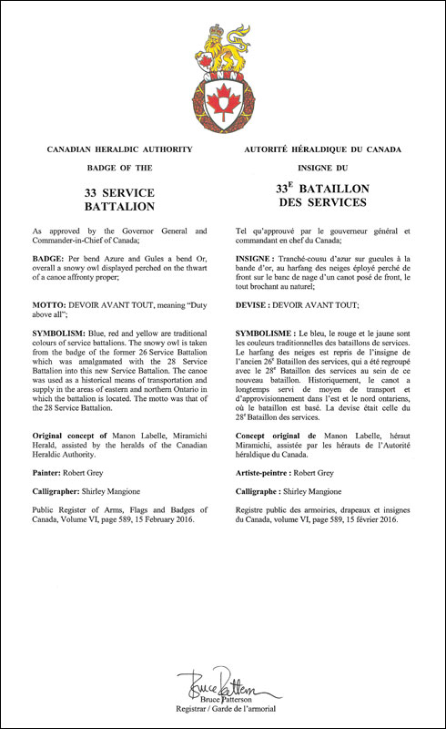 Letters patent approving the Badge of the 33 Service Battalion