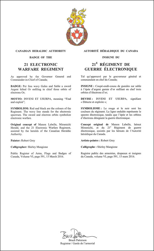 Letters patent approving the Badge of the 21 Electronic Warfare Regiment