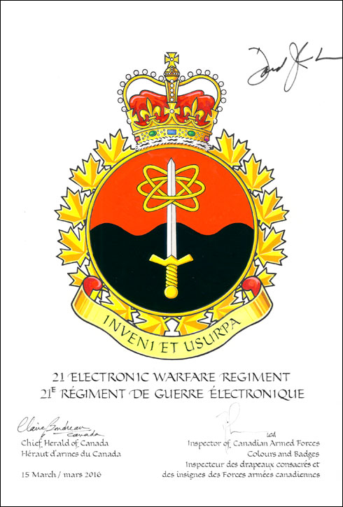 Letters patent approving the Badge of the 21 Electronic Warfare Regiment