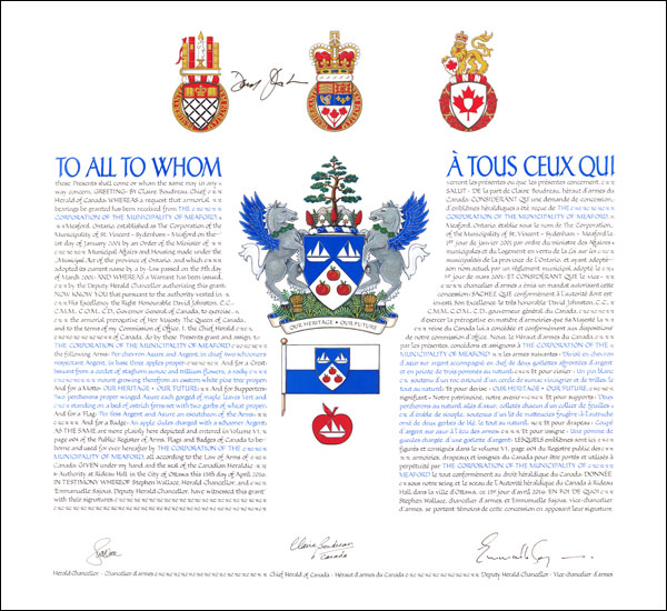 Lettres patentes concédant des emblèmes héraldiques à The Corporation of the Municipality of Meaford