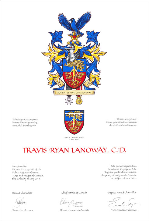 Letters patent granting heraldic emblems to Travis Ryan Lanoway