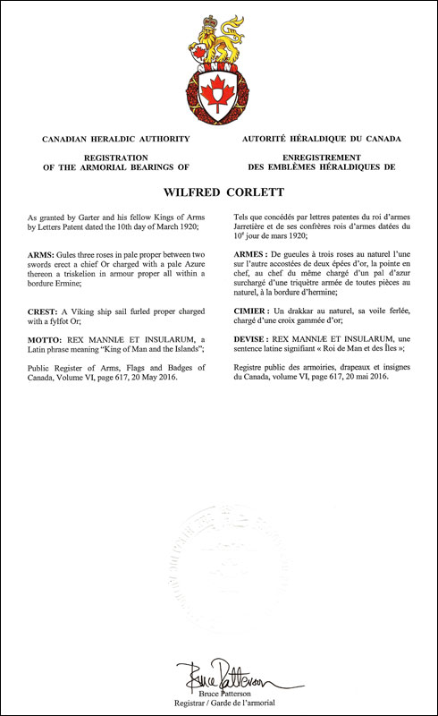 Letters patent registering the heraldic emblems of Wilfred Corlett