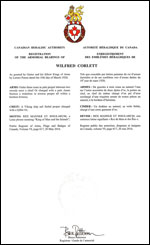 Letters patent registering the heraldic emblems of Wilfred Corlett