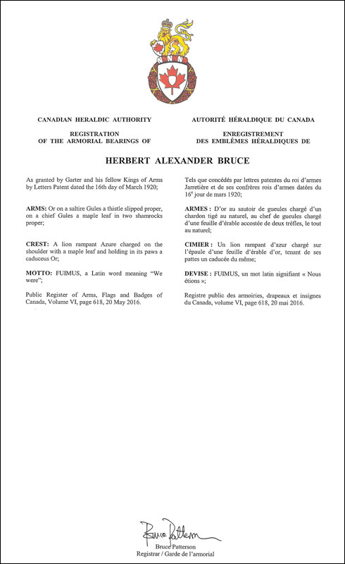 Letters patent registering the heraldic emblems of Herbert Alexander Bruce