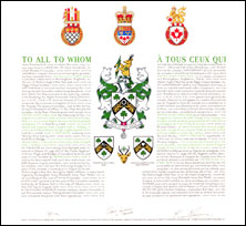 Letters patent granting heraldic emblems to Peter Hugh O’Neil Roe