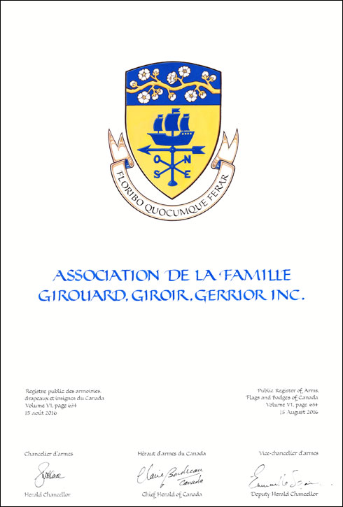 Lettres patentes concédant des emblèmes héraldiques à l'Association de la famille Girouard, Giroir, Gerrior Inc.