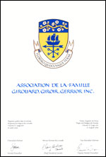 Lettres patentes concédant des emblèmes héraldiques à l'Association de la famille Girouard, Giroir, Gerrior Inc.