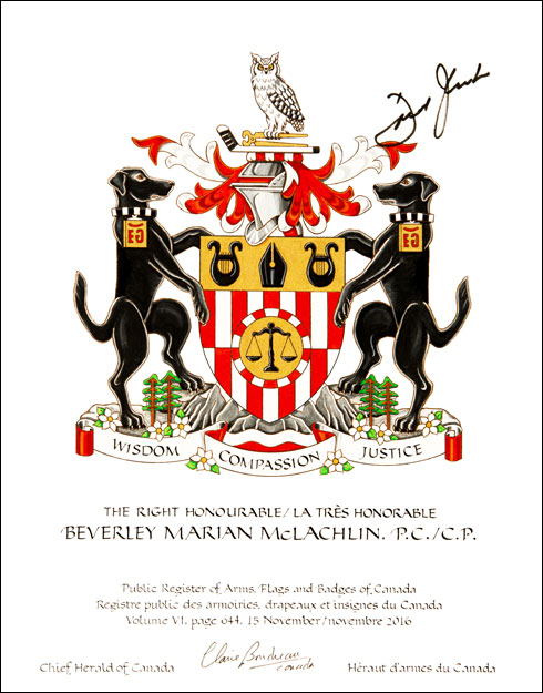 Letters patent granting heraldic emblems to Beverley Marian McLachlin