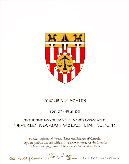 Letters patent granting heraldic emblems to Beverley Marian McLachlin