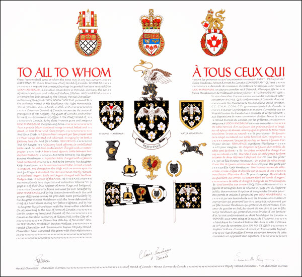 Letters patent granting heraldic emblems to Udo Hanebaum