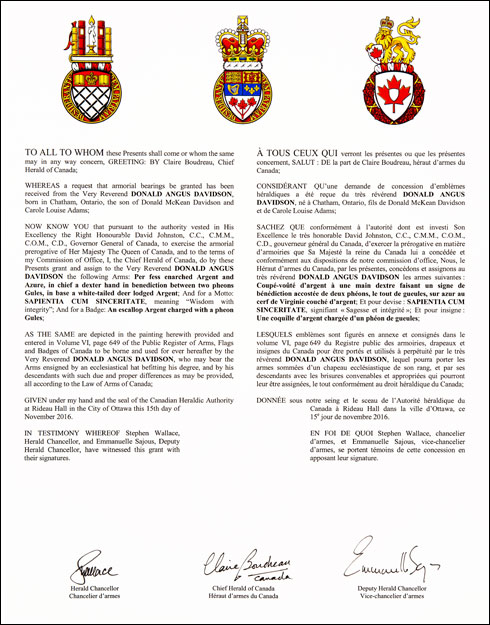 Letters patent granting heraldic emblems to Donald Angus Davidson