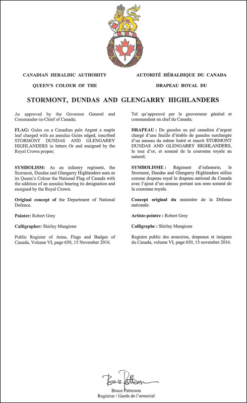 Letters patent  approving the Queen's Colour of the Stormont, Dundas and Glengarry Highlanders