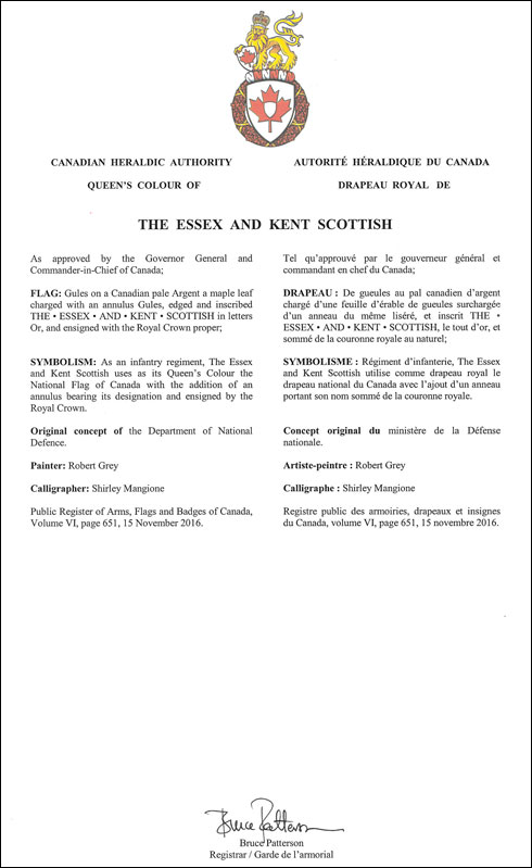 Letters patent approving the Flag of The Essex and Kent Scottish