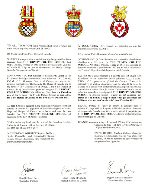 Letters patent granting a Flag to The Trinity College School