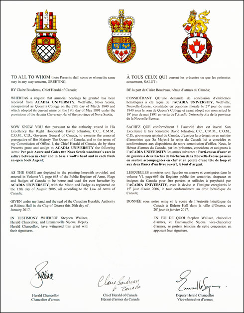 Letters patent granting heraldic emblems to Acadia University