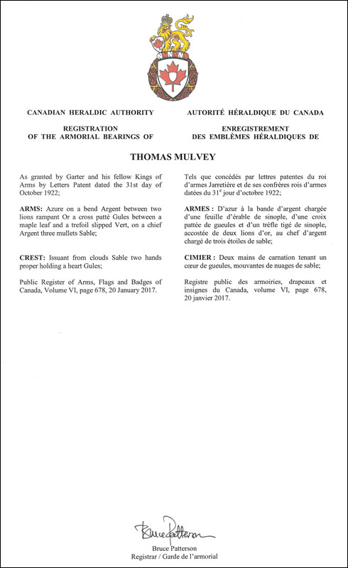Lettres patentes enregistrant les emblèmes héraldiques de Thomas Mulvey