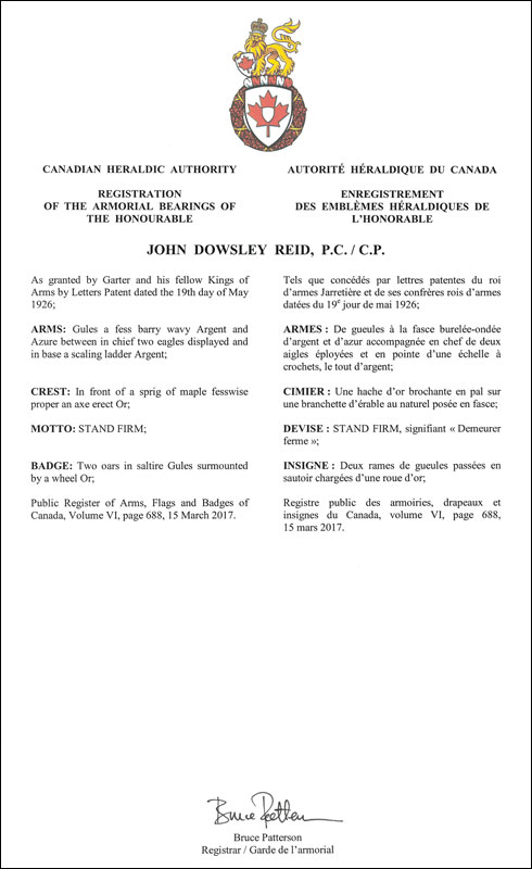 Lettres patentes enregistrant les emblèmes héraldiques de John Dowsley Reid