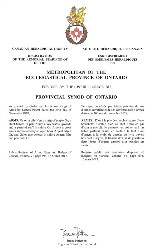 Lettres patentes enregistrant les emblèmes héraldiques de The Metropolitan of the Ecclesiastical Province of Ontario