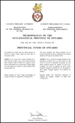 Lettres patentes enregistrant les emblèmes héraldiques de The Metropolitan of the Ecclesiastical Province of Ontario