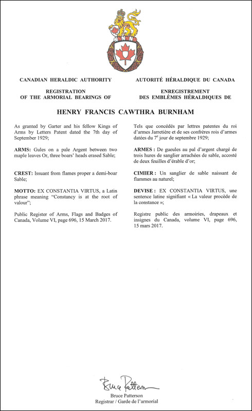 Letters patent registering the heraldic emblems of Henry Francis Cawthra Burnham