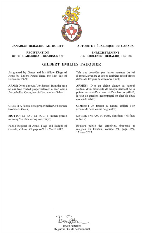 Letters patent registering the heraldic emblems of Gilbert Emilius Fauquier