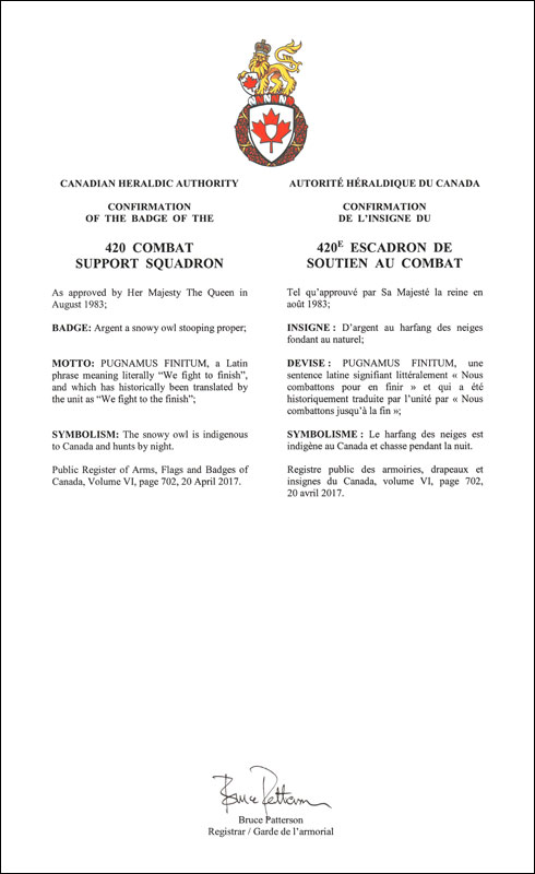 Letters patent confirming the Badge of the 420 Combat Support Squadron