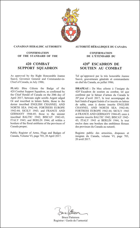 Letters patent confirming the Standard of the 420 Combat Support Squadron