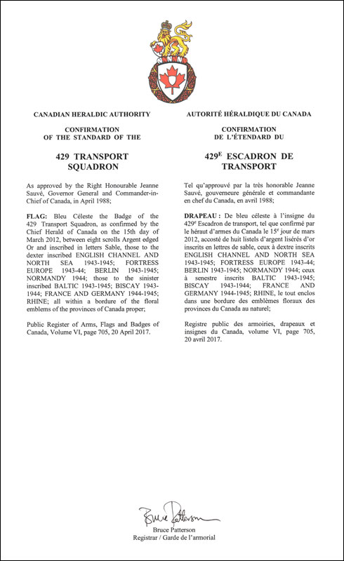 Letters patent confirming the Standard of the 429 Transport Squadron