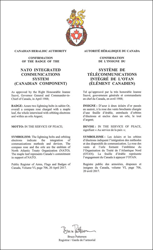 Letters patent confirming the Badge of the NATO Integrated Communications System (Canadian Component)