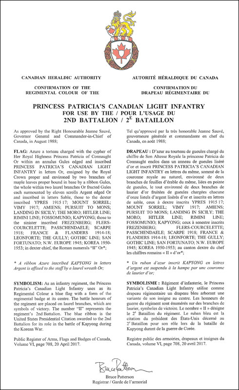 Lettres patentes confirmant un drapeau régimentaire pour l'usage du 2e bataillon de la du Princess Patricia’s Canadian Light Infantry