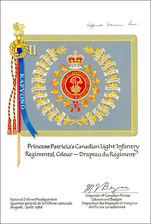 Lettres patentes confirmant un drapeau régimentaire pour l'usage du 2e bataillon de la Princess Patricia’s Canadian Light Infantry