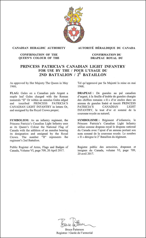 Lettres patentes confirmant un drapeau royal pour l'usage du 2e bataillon de la Princess Patricia’s Canadian Light Infantry