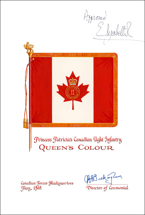 Lettres patentes confirmant un drapeau royal pour l'usage du 2e bataillon de la Princess Patricia’s Canadian Light Infantry