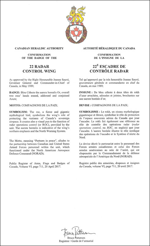 Letters patent confirming the Badge of the 22 Radar Control Wing