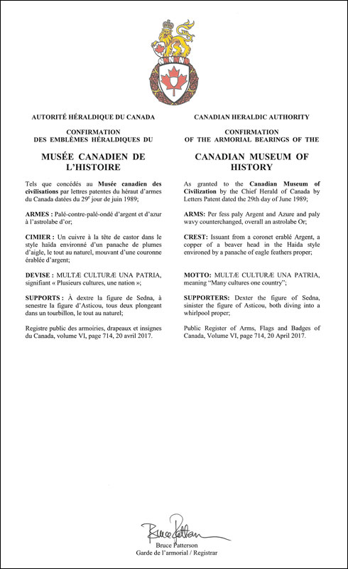 Letters patent confirming the heraldic emblems of the Canadian Museum of History