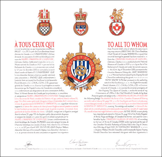 Letters patent granting heraldic emblems to the Canadian Museum of History