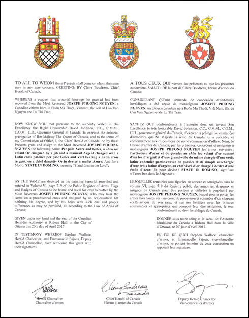 Letters patent granting heraldic emblems to Joseph Phuong Nguyen