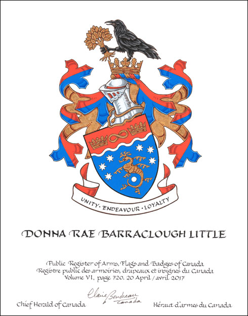 Letters patent granting heraldic emblems to Donna Rae Barraclough Little