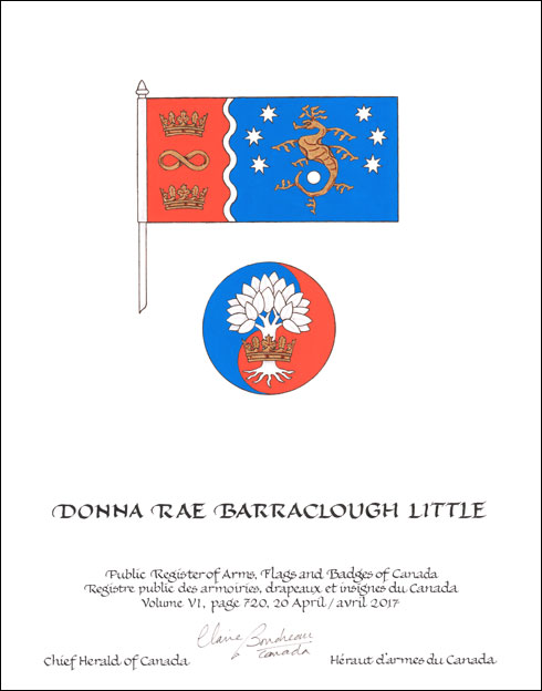 Letters patent granting heraldic emblems to Donna Rae Barraclough Little