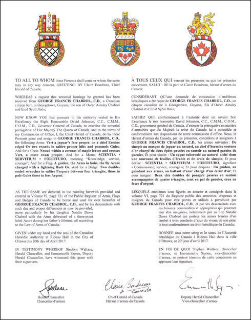 Letters patent granting heraldic emblems to George Francis Chabrol